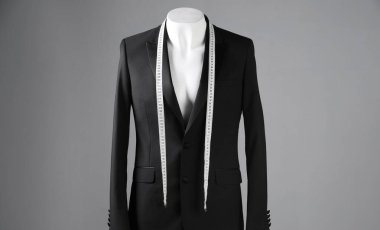 Siyah ceketli erkek manken ve gri arka planda mezura.