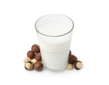 Beyaz üzerine izole edilmiş bir bardak Macadamia sütü ve fındık.