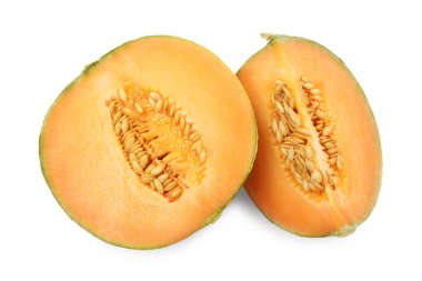 Kavun parçaları beyaza izole edilmiş, üstten.