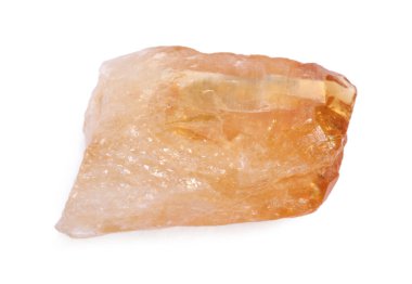 Beyaza izole edilmiş güzel kalsit kristali. Doğal değerli taş.