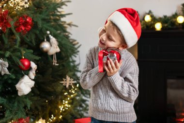 Evde Noel süsü takan küçük çocuk.