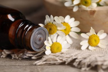 Ahşap masada bir şişe yağ ve papatya çiçeği, yakın plan.