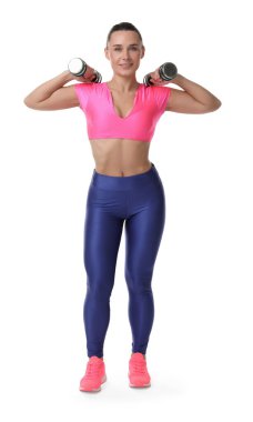beyaz zemin üzerine dumbbells ile egzersiz kadın