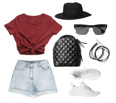 Yaz kadın kıyafeti. Şık kıyafetler ve aksesuarlar, beyaz arka planda koleksiyon. Moda trend tahtası