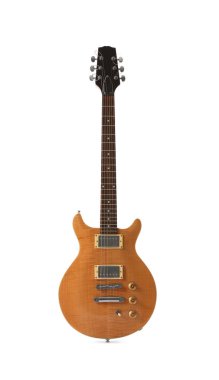 Beyazda izole edilmiş bir tahta elektro gitar.