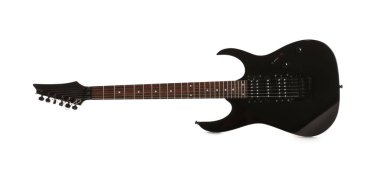 Beyaza izole edilmiş bir siyah elektro gitar.