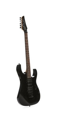 Beyaza izole edilmiş bir siyah elektro gitar.