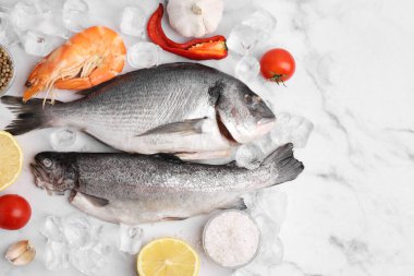 Taze çiğ deniz ürünleri, buz küpleri ve beyaz mermer masa üzerindeki ürünler.