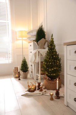 Noel ışıkları ve diğer dekorları olan küçük ladin ağaçları.
