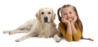 Beyaz arka planda yatan sevimli Golden Retriever köpeği olan kız.