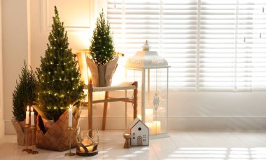 İçinde Noel ışıkları ve diğer dekorlar olan küçük ladin ağaçları. Metin için boşluk