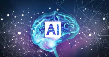 Yapay zeka. Renkli arka planda yapay zekanın kısaltmasıyla parlayan beyin tasviri. Pankart tasarımı