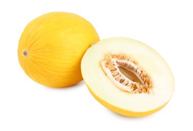 Tam ve kesilmiş kavunlar beyazda izole edilmiş.