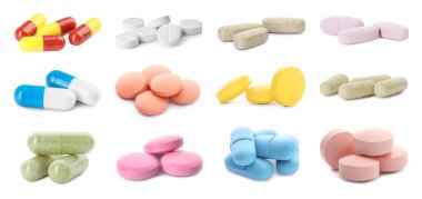 Beyaza izole edilmiş farklı antibiyotik hapları.