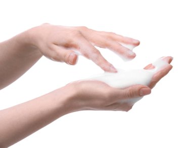 Woman with bath foam on white background, closeup