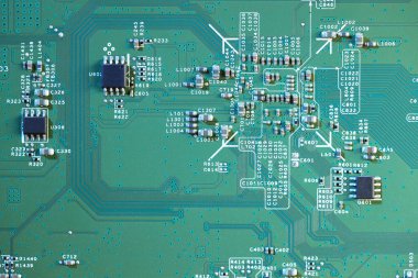Arka plan olarak elektronik devre kartı, üst görünüm