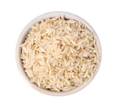 Beyaz kasede çiğ pirinç, üst manzara.