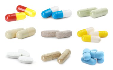 Beyaza izole edilmiş farklı antibiyotik hapları.