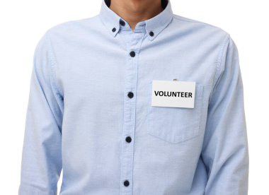 Volunteer with badge on white background, closeup clipart