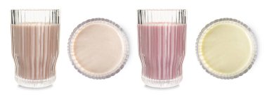 Protein karışımları farklı aromalı bardaklarda, beyaz kolajda izole edilmiş.