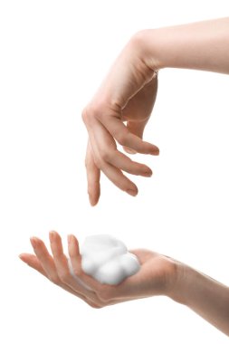 Woman with bath foam on white background, closeup