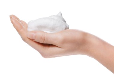Woman with bath foam on white background, closeup