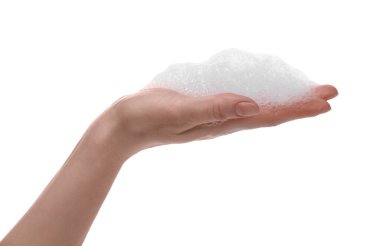 Woman with bath foam on white background, closeup