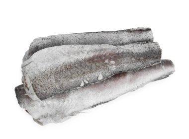 Üç donmuş hake balığı beyazda izole edilmiş, üst manzara