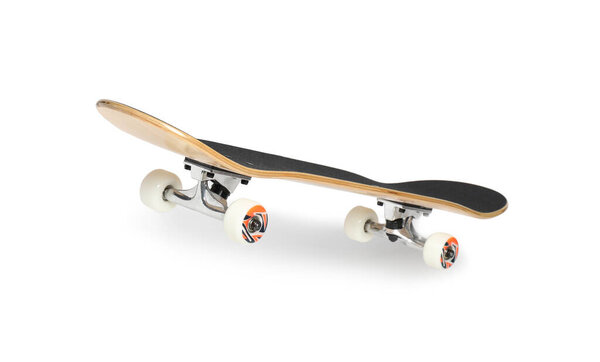 One modern skateboard with black griptape isolated on white