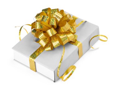 Altın yaylı bir kitap beyaza izole edilmiş bir hediye olarak.