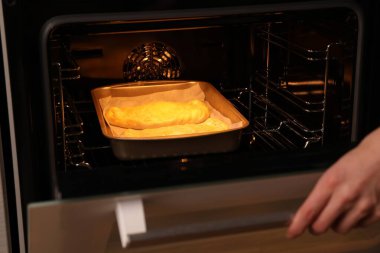 Yanmamış calzone pizzayla tabağı fırına koyan kadın, yakın plan.