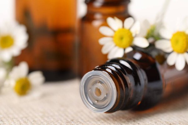 Bottles of essential oil and chamomile flowers on cloth, closeup