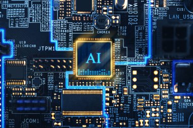 Yapay zeka. Elektronik çip, bilgisayar ana kartında yapay zeka kısaltması, üst görünüm.