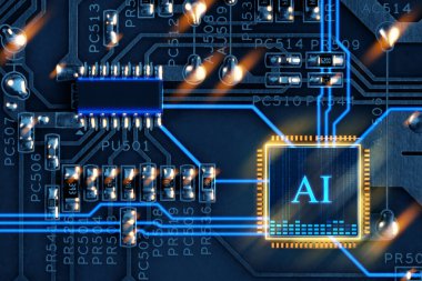 Yapay zeka. Devre kartında AI kısaltması olan elektronik çip, üst görünüm
