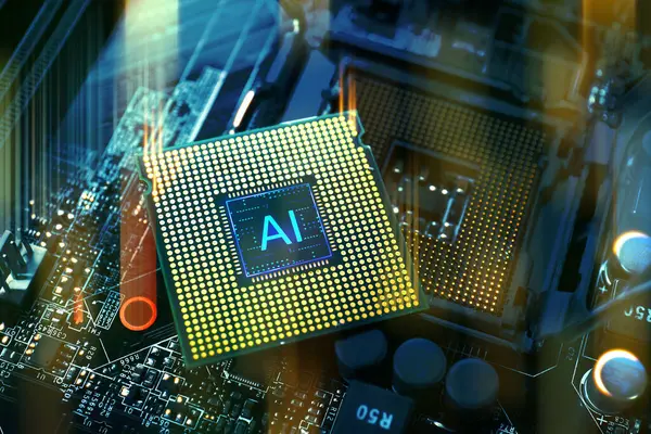 Yapay zeka. Bilgisayar anakartında yapay zekanın kısaltması olan elektronik çip, yakın plan.