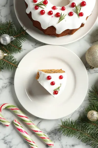 Geleneksel klasik Noel pastası ve dekorasyon beyaz mermer masa üzerinde, düz yatıyordu.