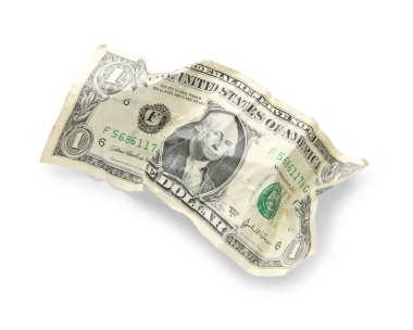 Bir buruşuk dolar banknot beyaz, üst görünümde izole