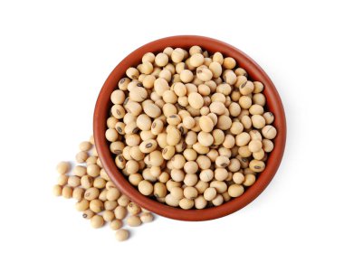 Kabın içindeki soya fasulyesi beyaz, üstten görünüyor.