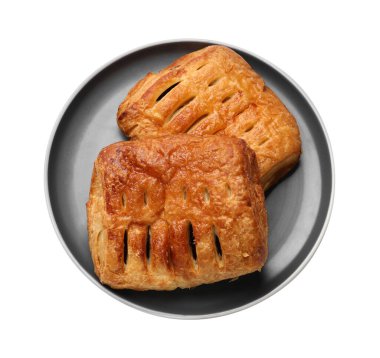 Meyveli lezzetli puf börekler beyaz, üst manzara izole