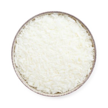 Kabın içindeki soya mumu beyazda izole edilmiş, üst manzara