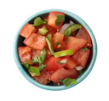 Beyaz tencereye izole edilmiş lezzetli salsa sosu.