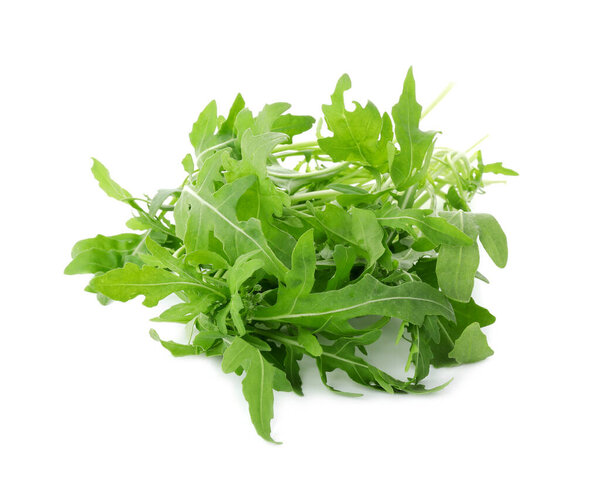 Pile of fresh arugula leaves isolated on white
