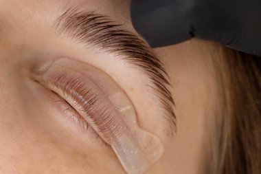 Woman undergoing eyelash laminating procedure in beauty salon, closeup clipart