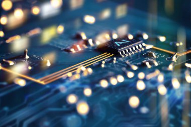 Yapay zeka. Elektronik çip ve bilgisayar devre kartında yapay zeka kısaltması, yakın plan.