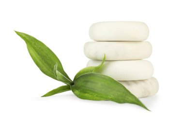 Spa taşı ve yeşil yaprakların üzerinde beyaz izole