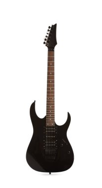 Beyaza izole edilmiş bir siyah elektro gitar.