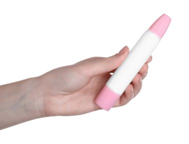 Beyaz arkaplanda yapıştırıcı olan kadın, yakın plan.