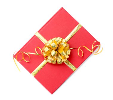 Altın yay ile bir kitap hediye olarak beyaz, üst manzara izole