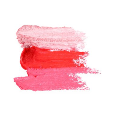 Beyaz, üst görünümde izole edilmiş parlak ruj örnekleri