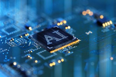 Yapay zeka. Elektronik çip ve bilgisayar devre kartında yapay zeka kısaltması, yakın plan.
